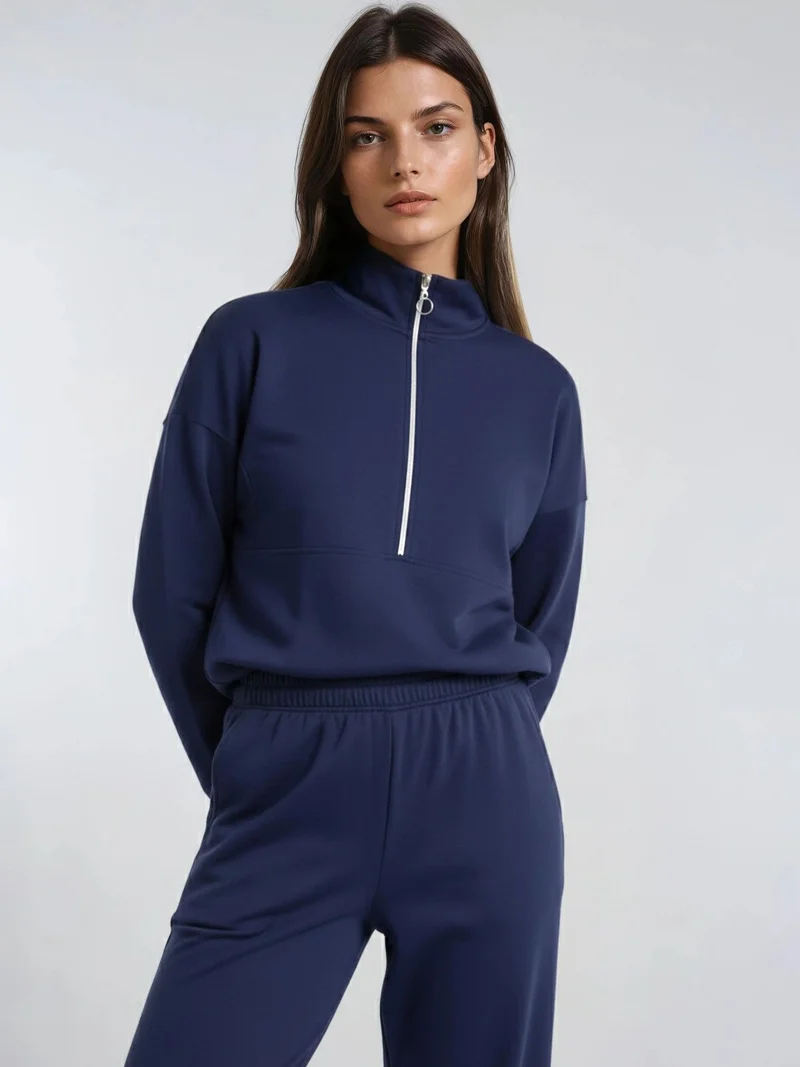 Hiccup Navy Blue Modal Touch Two-Piece Wide Leg Set with Zipper Collar Bersan Collection for Women | Best Price UAE